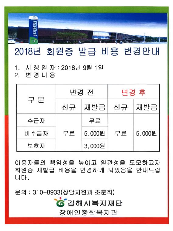 회원증 발급 비용 변경 안내문